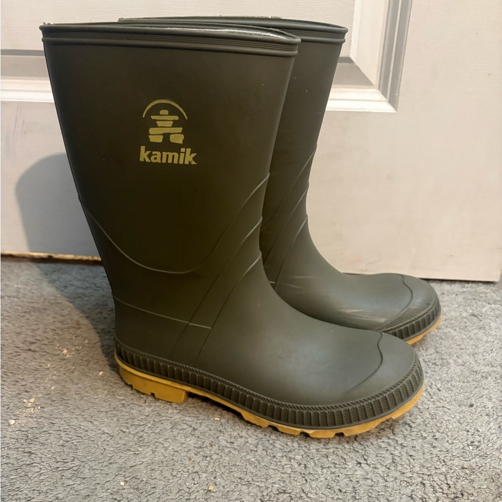 Kamik Olive and Yellow Rain Boots